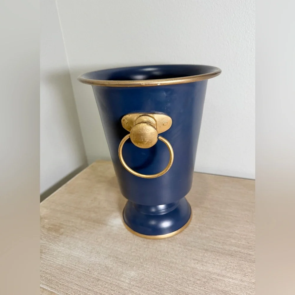 Jaye’s Studio Ice Bucket Colorblock Navy Blue Gold Handle Heavy Base Luxury Home